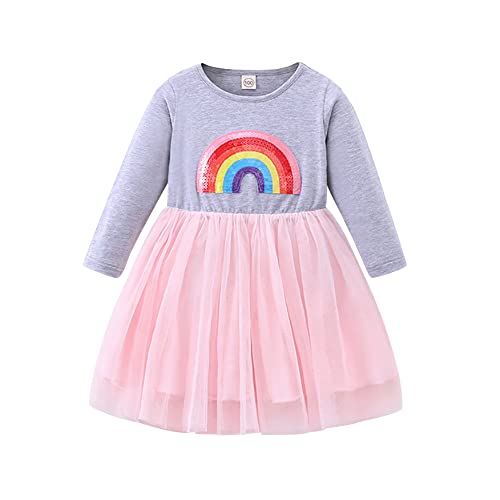 IBTOM CASTLE Kleinkind Mädchen Regenbogen Winterkleid, Lange Ärmel Tutu Kleid Herbst Winter Kleidung Prinzessin Geburtstag Weihnachten Party lässige Kleider für Kinder Grau-Rosa Regenbogen 3-4 Jahre von IBTOM CASTLE