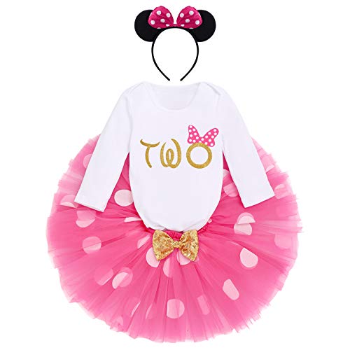 IBTOM CASTLE Kleinkinder Baby Mädchen 1./2./ 3.Geburtstag Minnie Outfit Baumwolle Langarm Strampler+Prinzessin Polka Dots Tüll Tutu+Maus Ohr Stirnband 3tlg Bekleidungsset Heiß Rosa-Two 2 Jahre von IBTOM CASTLE