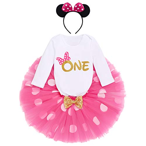 IBTOM CASTLE Kleinkinder Baby Mädchen 1./2./ 3.Geburtstag Minnie Outfit Baumwolle Langarm Strampler+Prinzessin Polka Dots Tüll Tutu+Maus Ohr Stirnband 3tlg Bekleidungsset Heiß Rosa-one 1 Jahre von IBTOM CASTLE