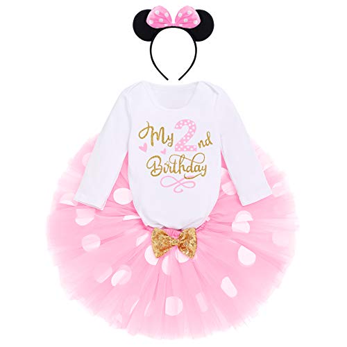 IBTOM CASTLE Kleinkinder Baby Mädchen 1./2./ 3.Geburtstag Minnie Outfit Baumwolle Langarm Strampler+Prinzessin Polka Dots Tüll Tutu+Maus Ohr Stirnband 3tlg Bekleidungsset Rosa-My 2nd Birthday 2 Jahre von IBTOM CASTLE