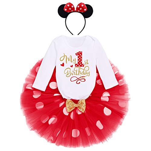 IBTOM CASTLE Kleinkinder Baby Mädchen 1./2./ 3.Geburtstag Minnie Outfit Baumwolle Langarm Strampler+Prinzessin Polka Dots Tüll Tutu+Maus Ohr Stirnband 3tlg Bekleidungsset Rot-My 1st Birthday 1 Jahre von IBTOM CASTLE