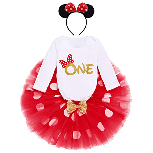 IBTOM CASTLE Kleinkinder Baby Mädchen 1./2./ 3.Geburtstag Minnie Outfit Baumwolle Langarm Strampler+Prinzessin Polka Dots Tüll Tutu+Maus Ohr Stirnband 3tlg Bekleidungsset Rot-one 1 Jahre von IBTOM CASTLE