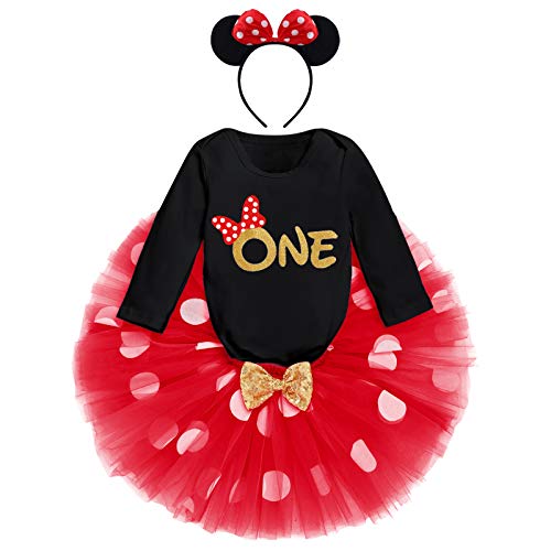 IBTOM CASTLE Kleinkinder Baby Mädchen 1./2./ 3.Geburtstag Minnie Outfit Baumwolle Langarm Strampler+Prinzessin Polka Dots Tüll Tutu+Maus Ohr Stirnband 3tlg Bekleidungsset Schwarz-One 1 Jahre von IBTOM CASTLE