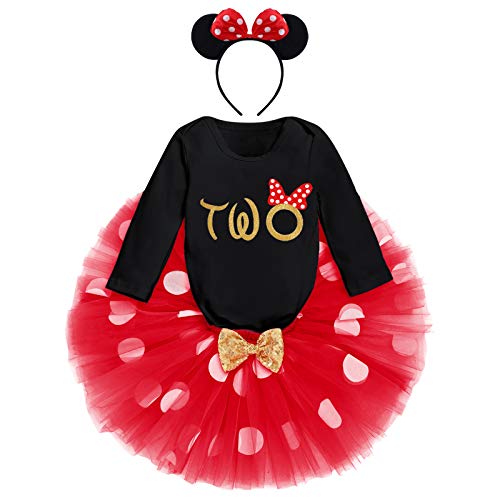 IBTOM CASTLE Kleinkinder Baby Mädchen 1./2./ 3.Geburtstag Minnie Outfit Baumwolle Langarm Strampler+Prinzessin Polka Dots Tüll Tutu+Maus Ohr Stirnband 3tlg Bekleidungsset Schwarz-Two 2 Jahre von IBTOM CASTLE