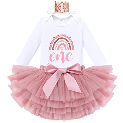 IBTOM CASTLE Mädchen 1.Geburtstag 3 Stück Outfits Regenbogen Lange Ärmel Strampler Tutu Kleid Stirnband Erster Geburtstag Mädchen Prinzessin Kleid Baby Fotoshooting Kleidung Langarm One+Crown 1 Jahr von IBTOM CASTLE