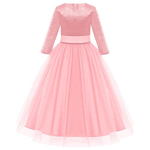 IBTOM CASTLE Mädchen Festzug Ballkleider Kinder samten Bestickt Hochzeit Kleid Blumenmädchenkleid Brautjungfern Partei Festliches Kleid Abendkleid Karneval Festzug Cocktailkleid Rosa-samten 7-8 Jahre von IBTOM CASTLE