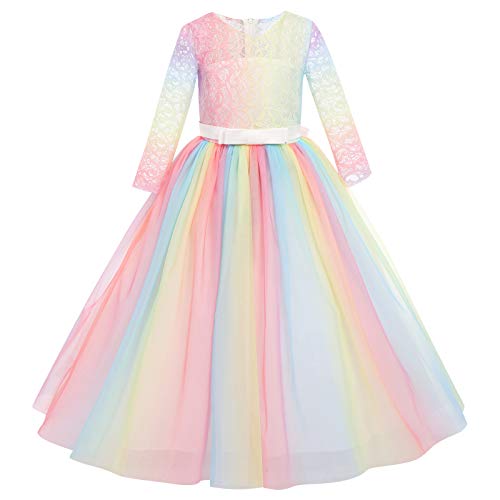 IBTOM CASTLE Mädchen Kinder Spitze Tüll Hochzeit Kleid Prinzessin Kleider Erstkommunion Kleid Regenbogenweiß 7-8 Jahre von IBTOM CASTLE