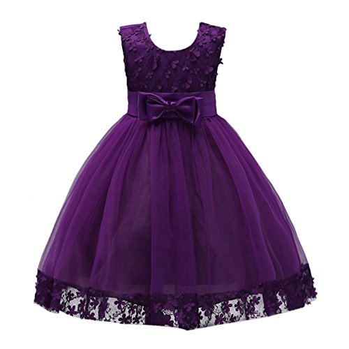 IBTOM CASTLE Mädchen Kinder Spitzen Stickerei Abendkleid Prinzessin Blumen Mädchen Baby Dunkellila 6-7 Jahre von IBTOM CASTLE