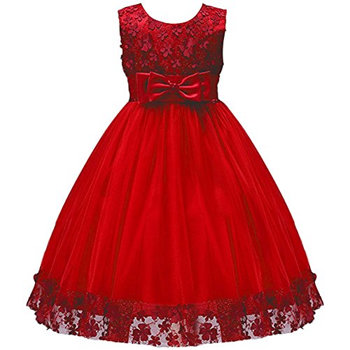 IBTOM CASTLE Mädchen Kinder Spitzen Stickerei Abendkleid Prinzessin Blumen Mädchen Baby Rot 9-10 Jahre von IBTOM CASTLE