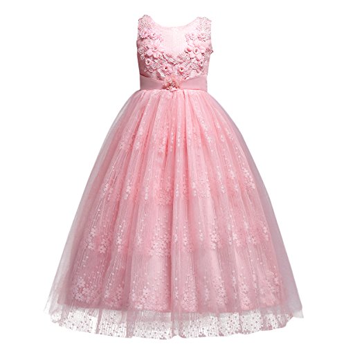 IBTOM CASTLE Mädchen Kleid Festlich Tüll Sommer Kleid Blumenmädchen Hochzeit Festzug Bekleidung Geburtstag Rosa 11-12 Jahre von IBTOM CASTLE