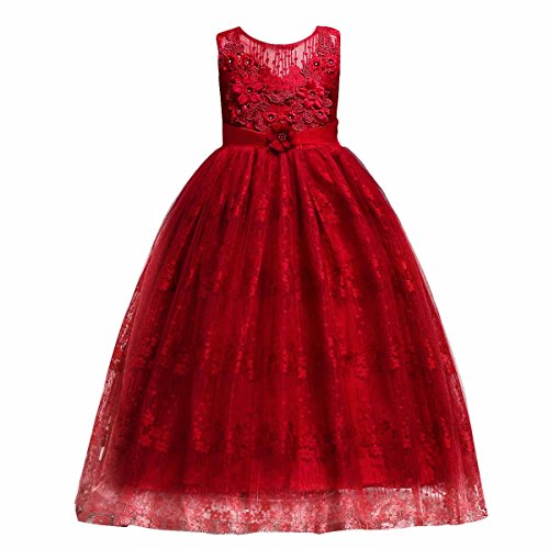 IBTOM CASTLE Mädchen Kleid Festlich Tüll Sommer Kleid Blumenmädchen Hochzeit Festzug Bekleidung Geburtstag Rot 7-8 Jahre von IBTOM CASTLE