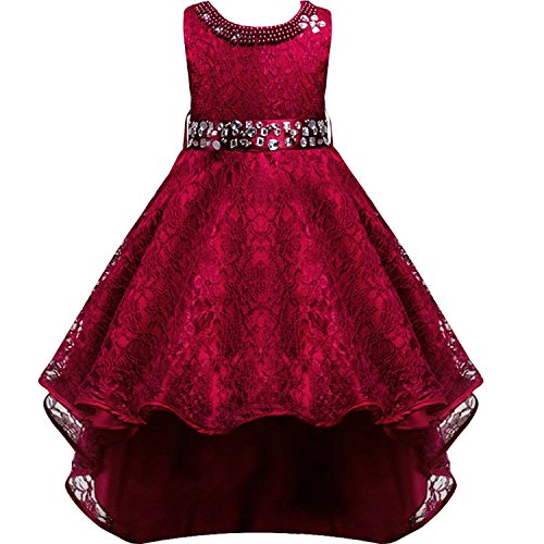 IBTOM CASTLE Mädchen Kleider Asymmetrisch Prinzessin Kleid Spitze Lange mit Strass Gala Festlich Hochzeit Abend Jugendweihe Cocktail Weinrot 7-8 Jahre von IBTOM CASTLE