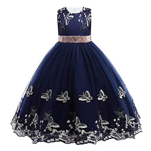 IBTOM CASTLE Mädchen Kleider Hochzeit - Blumenmädchenkleider Ärmellos Regenbogen-Netz Prinzessin KleiderTüll Festzug Geburtstag Abschlussball Brautkleid Abendkleid Navy - Schmetterling 9-10 Jahre von IBTOM CASTLE