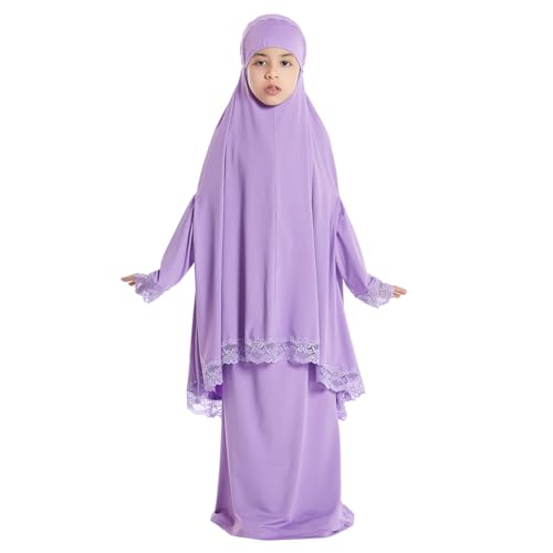 IBTOM CASTLE Mädchen Muslimisches Abaya Full Cover Spitze Hijab Kleid Kaftan Islamische Dubai Arabisch Gebetskleidung Robe Lila 4-5 Jahre von IBTOM CASTLE