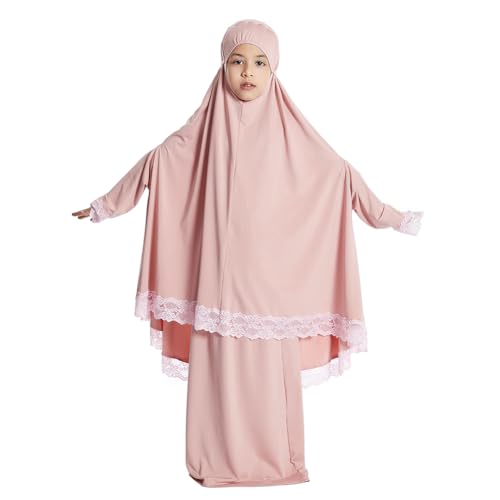 IBTOM CASTLE Mädchen Muslimisches Abaya Full Cover Spitze Hijab Kleid Kaftan Islamische Dubai Arabisch Gebetskleidung Robe Rosa 4-5 Jahre von IBTOM CASTLE