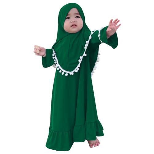 IBTOM CASTLE Mädchen Muslimisches Kleid Kleidung Langarm Rüsche mit Hijab Kleid Abaya Ramadan Gebetskleidung Dubai Arabisch Türkische Islamische Robe 2 Stück Outfits Dunkelgrün 2-3 Jahre von IBTOM CASTLE