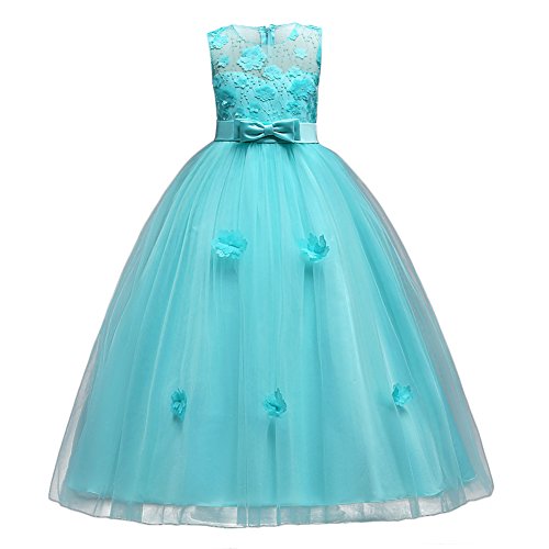 IBTOM CASTLE Maedchen Prinzessin Blumenmaedchenkleid Party Kleid Kinder Maxikleid Festlich Urlaub Hochzeit Abendkleid Weihnachten Karneval Formale Festzug Gesticktes Langes Kleid Türkis 6-7 Jahre von IBTOM CASTLE