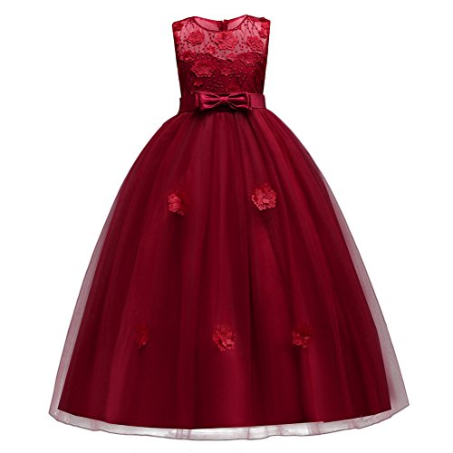 IBTOM CASTLE Maedchen Prinzessin Blumenmaedchenkleid Party Kleid Kinder Maxikleid Festlich Urlaub Hochzeit Abendkleid Weihnachten Karneval Formale Festzug Gesticktes Langes Kleid Weinrot 12-13 Jahre von IBTOM CASTLE