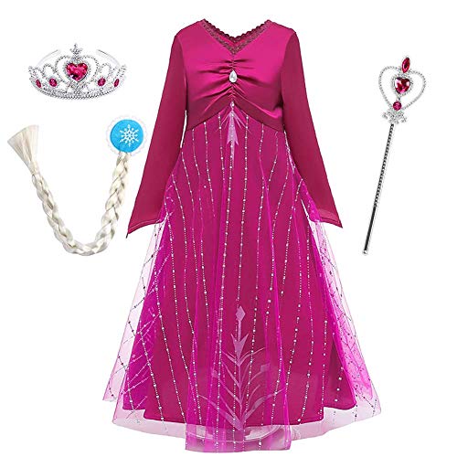 IBTOM CASTLE Mädchen Prinzessin Eiskönigin ELSA Kleid 2 Schneekönigin Kostüm Schneeflocke Tüll Tutu Geburtstag Partykleid mit Zubehör Weihnachten Karneval Cosplay Verkleidung Rot ELSA 4-5 Jahre von IBTOM CASTLE