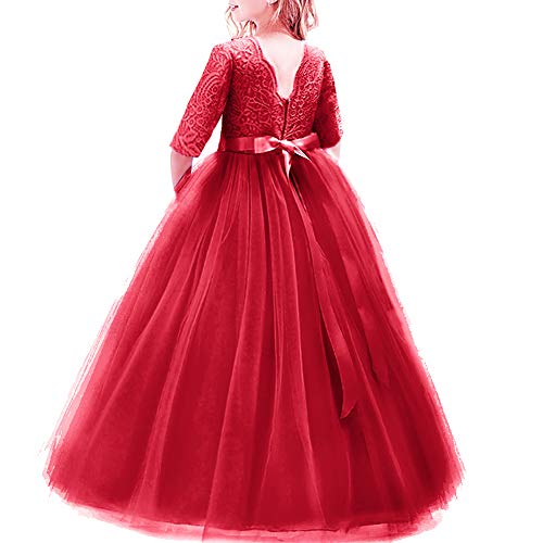 IBTOM CASTLE Mädchen Prinzessin Kleid Blumenmädchenkleid Taufkleid Festlich Kleid Hochzeit Festzug Babybekleidung Spitze Bowknot Kleid S# Rot 7-8 Jahre von IBTOM CASTLE