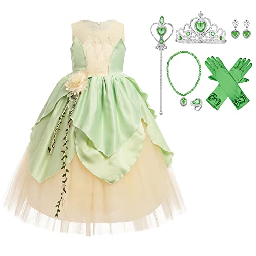 IBTOM CASTLE Mädchen Prinzessin Tiana Kostüm Mädchen Tiana Kleid Kostüm Geburtstag Weihnachten Halloween Party Karneval Fairy Fancy Dress Up Prinzessin und Frosch Kleid, #Vert2(6pcs), 7-8 Jahre von IBTOM CASTLE