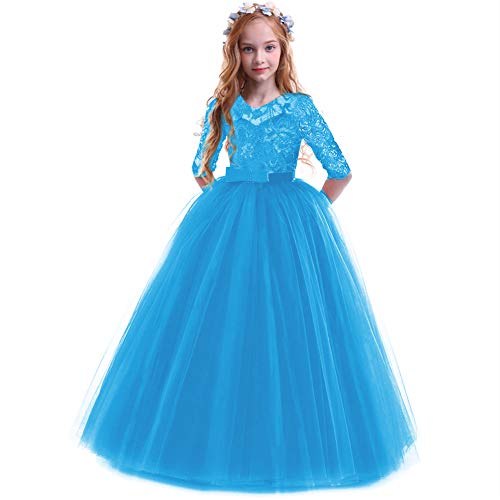 IBTOM CASTLE Mädchen Spitze Tüll Prinzessin Prom Ballkleid Formale Partei Kleider für Hochzeit Brautjungfer Blumenmädchen Geburtstag Fasching Cocktail Dance Cocktailkleid Elegant Blau 11-12 Jahre von IBTOM CASTLE