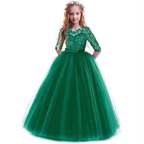 IBTOM CASTLE Mädchen Spitze Tüll Prinzessin Prom Ballkleid Formale Partei Kleider für Hochzeit Brautjungfer Blumenmädchen Geburtstag Fasching Cocktail Dance Cocktailkleid Elegant Grün 11-12 Jahre von IBTOM CASTLE