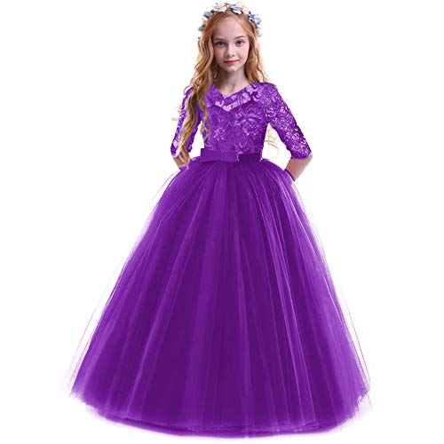 IBTOM CASTLE Mädchen Spitze Tüll Prinzessin Prom Ballkleid Formale Partei Kleider für Hochzeit Brautjungfer Blumenmädchen Geburtstag Fasching Cocktail Dance Cocktailkleid Elegant Lila 11-12 Jahre von IBTOM CASTLE