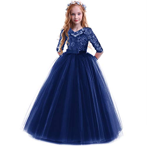 IBTOM CASTLE Mädchen Spitze Tüll Prinzessin Prom Ballkleid Formale Partei Kleider für Hochzeit Brautjungfer Blumenmädchen Geburtstag Fasching Cocktail Dance Cocktailkleid Elegant Marineblau 3-4 Jahre von IBTOM CASTLE