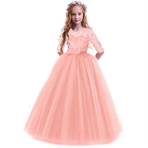 IBTOM CASTLE Mädchen Spitze Tüll Prinzessin Prom Ballkleid Formale Partei Kleider für Hochzeit Brautjungfer Blumenmädchen Geburtstag Fasching Cocktail Dance Cocktailkleid Elegant Rosa 11-12 Jahre von IBTOM CASTLE