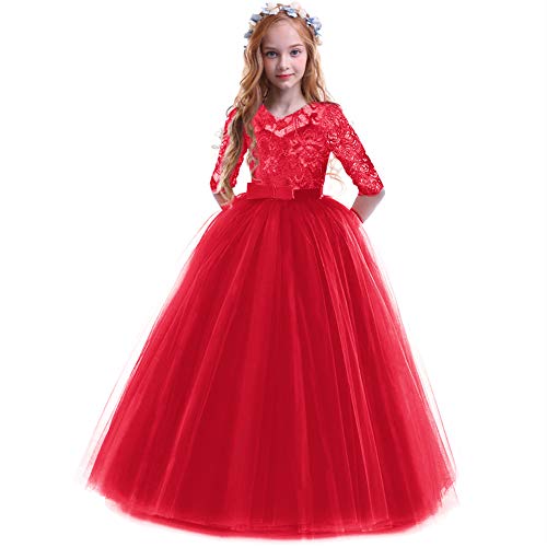 IBTOM CASTLE Mädchen Spitze Tüll Prinzessin Prom Ballkleid Formale Partei Kleider für Hochzeit Brautjungfer Blumenmädchen Geburtstag Fasching Cocktail Dance Cocktailkleid Elegant Rot 13-14 Jahre von IBTOM CASTLE