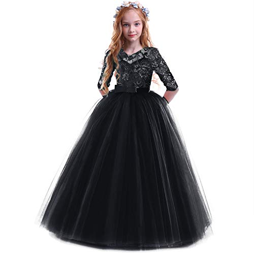 IBTOM CASTLE Mädchen Spitze Tüll Prinzessin Prom Ballkleid Formale Partei Kleider für Hochzeit Brautjungfer Blumenmädchen Geburtstag Fasching Cocktail Dance Cocktailkleid Elegant Schwarz 11-12 Jahre von IBTOM CASTLE