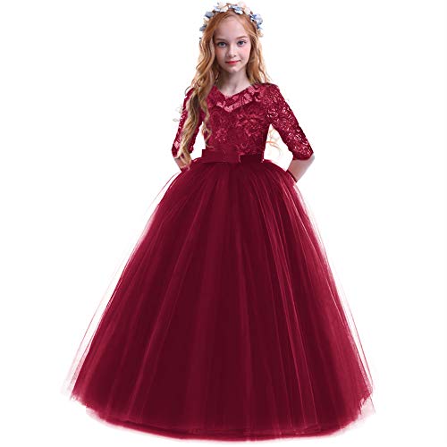 IBTOM CASTLE Mädchen Spitze Tüll Prinzessin Prom Ballkleid Formale Partei Kleider für Hochzeit Brautjungfer Blumenmädchen Geburtstag Fasching Cocktail Dance Cocktailkleid Elegant Weinrot 3-4 Jahre von IBTOM CASTLE