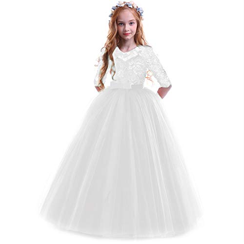 IBTOM CASTLE Mädchen Spitze Tüll Prinzessin Prom Ballkleid Formale Partei Kleider für Hochzeit Brautjungfer Blumenmädchen Geburtstag Fasching Cocktail Dance Cocktailkleid Elegant Weiß 11-12 Jahre von IBTOM CASTLE