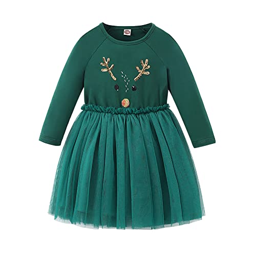 IBTOM CASTLE Mädchen Weihnachtskleid, Kinder Lange Ärmel Tüll Tutu Kleid Einhörner Hirsche Elch Prinzessin Kleider Geburtstag Weihnachten Party Herbst Winter Kleidung Grüner Elch 4-5 Jahre von IBTOM CASTLE
