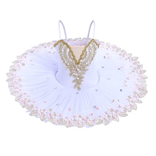 IBTOM CASTLE Mädchen ärmellos Blumen-Aufkleber Ballettkleid Ballettkleidung Tanzbody Ballerina Gymnastik Turnanzug Prinzessin Feder Bestickter Tütü Weiß 13-14 Jahre von IBTOM CASTLE