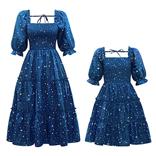 IBTOM CASTLE Mama und ich Kleider Mädchen Boho Sommer Strand Lässig Kleid Geraffte Laterne Ärmel Blumen Midi Kleid Passendes Outfit für Mutter und Tochter Blauer Stern L von IBTOM CASTLE