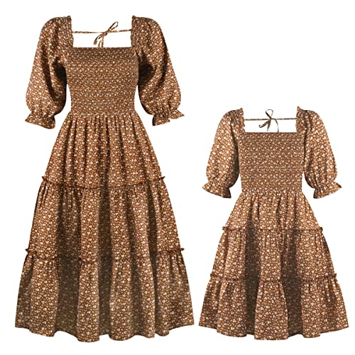 IBTOM CASTLE Mama und ich Kleider Mädchen Boho Sommer Strand Lässig Kleid Geraffte Laterne Ärmel Blumen Midi Kleid Passendes Outfit für Mutter und Tochter Blumig Braun S von IBTOM CASTLE