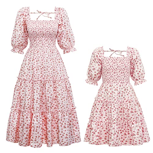 IBTOM CASTLE Mama und ich Kleider Mädchen Boho Sommer Strand Lässig Kleid Geraffte Laterne Ärmel Blumen Midi Kleid Passendes Outfit für Mutter und Tochter Rosa Blume L von IBTOM CASTLE