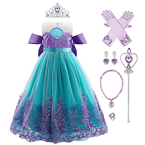 IBTOM CASTLE Meerjungfrau Kostüm Mädchen Prinzessin Kleid Kinder Mädchen Geburtstags Party Karneval Halloween Cosplay Kinder Outfits Verkleidung Mit Zubehör Lila + Grün mit Zubehör 6-7 Jahre von IBTOM CASTLE