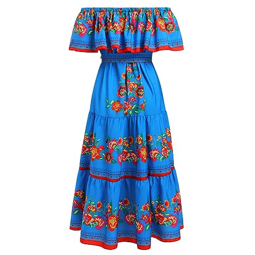 IBTOM CASTLE Mexikanisches Damen Lange Sommerkleider Mexikanisches Blumendruck Boho Maxikleider Urlaub Schulterfrei Kleid Strandkleid Sommer Blau XXL von IBTOM CASTLE