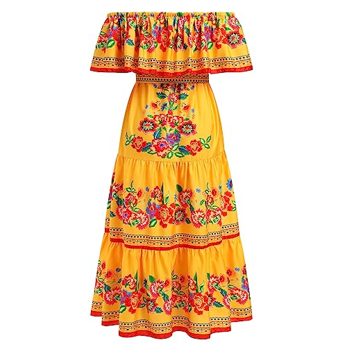 IBTOM CASTLE Mexikanisches Damen Lange Sommerkleider Mexikanisches Blumendruck Boho Maxikleider Urlaub Schulterfrei Kleid Strandkleid Sommer Gold 3XL von IBTOM CASTLE