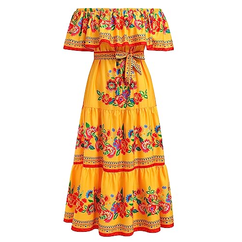 IBTOM CASTLE Mexikanisches Damen Lange Sommerkleider Mexikanisches Blumendruck Boho Maxikleider Urlaub Schulterfrei Kleid Strandkleid Sommer Gold L von IBTOM CASTLE