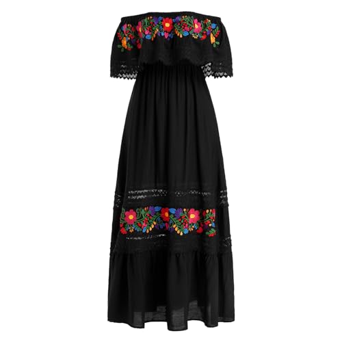 IBTOM CASTLE Mexikanisches Damen Lange Sommerkleider Mexikanisches Blumendruck Boho Maxikleider Urlaub Schulterfrei Kleid Strandkleid Sommer Schwarz L von IBTOM CASTLE