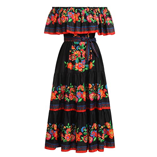 IBTOM CASTLE Mexikanisches Damen Lange Sommerkleider Mexikanisches Blumendruck Boho Maxikleider Urlaub Schulterfrei Kleid Strandkleid Sommer Schwarz Rot 3XL von IBTOM CASTLE