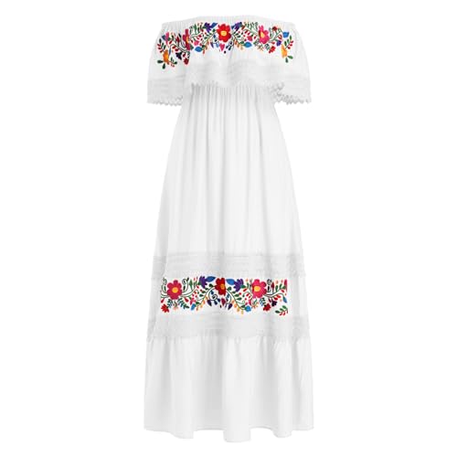 IBTOM CASTLE Mexikanisches Damen Lange Sommerkleider Mexikanisches Blumendruck Boho Maxikleider Urlaub Schulterfrei Kleid Strandkleid Sommer Weiß S von IBTOM CASTLE