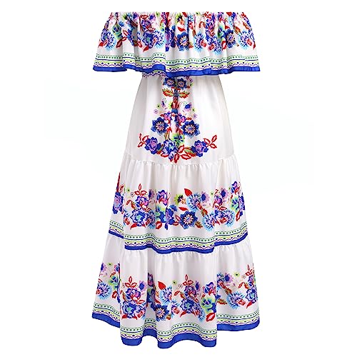 IBTOM CASTLE Mexikanisches Damen Lange Sommerkleider Mexikanisches Blumendruck Boho Maxikleider Urlaub Schulterfrei Kleid Strandkleid Sommer weiß Blau L von IBTOM CASTLE