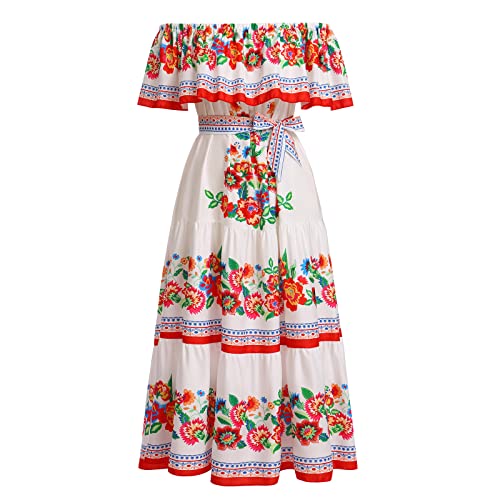 IBTOM CASTLE Mexikanisches Damen Lange Sommerkleider Mexikanisches Blumendruck Boho Maxikleider Urlaub Schulterfrei Kleid Strandkleid Sommer weiß Rot XL von IBTOM CASTLE