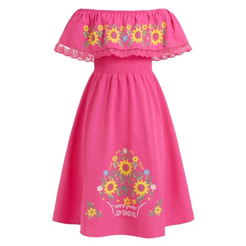 IBTOM CASTLE Mexikanisches Kleid für Mädchen Blumen Bestickt Schulterfrei Kindergeburtstag Traditionelles Mexikanisches Folklorico-Kleid Cinco de Mayo Fiesta Rosarot-1 6-7 Jahre von IBTOM CASTLE