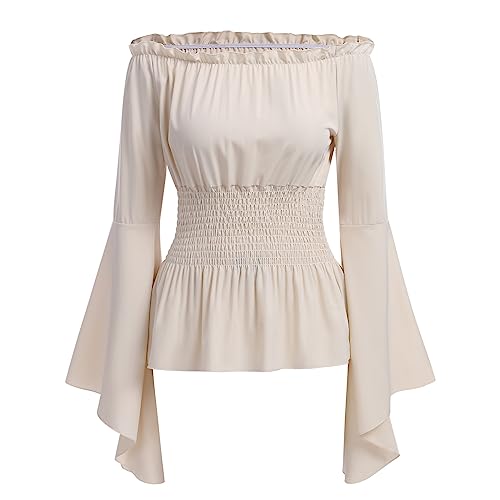 IBTOM CASTLE Mittelalter Gothic Kleidung Damen Schulterfreies Rüschen Korsett Oberteil Steampunk Langarmshirt Top Wikinger Piratenkostüm Karneval Kostüm Damen Beige 2XL von IBTOM CASTLE